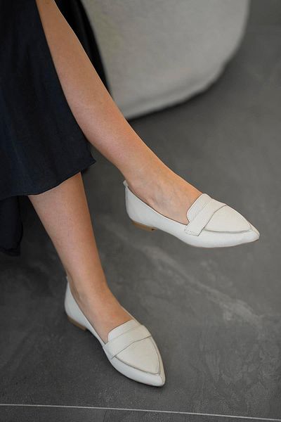 Parponi Mexican Women's Genuine Leather Pointed Ballerinas Ecru