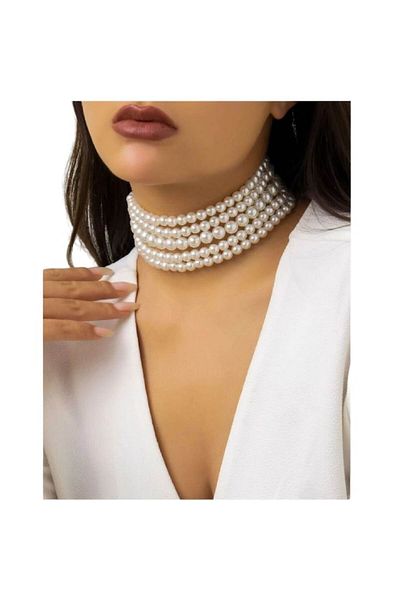 The Casius. Colier tip choker cu șiraguri de perle albe artificiale pentru femei