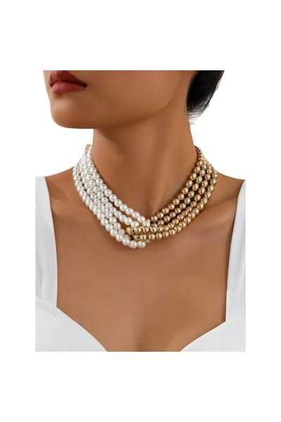 The Casius. Colier choker model francez, cu mai multe siruri de margele, alb si auriu, theCasius