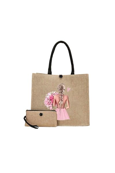 The Casius. Geantă tote cu portofel, material in, model „Doamnă cu buchet mare de flori roz”, culoare bej