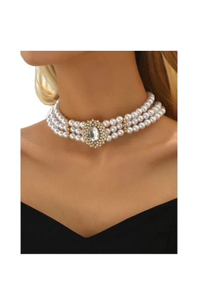 The Casius. Colier tip choker cu mai multe șiraguri de perle artificiale pentru femei, model la baza gâtului cu pandantiv cu piatră,