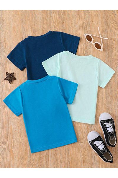 vinraus Unisex Kids 3 Pack Navy Blue Water Green Petrol Blue Unprinted T-Shirt