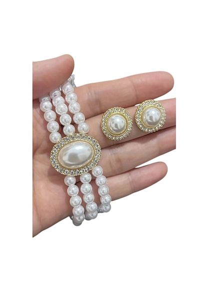 The Casius. Set colier choker din perle albe faux cu pandantiv si cercei perla, culoarea alb