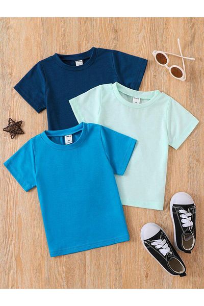 vinraus Unisex Kids 3 Pack Navy Blue Water Green Petrol Blue Unprinted T-Shirt