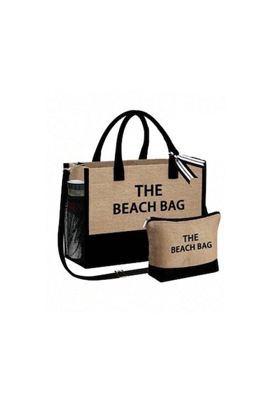 The Casius. Geanta Tote din Material de In cu Portofel, Model The Beach Bag, 41.5x13x31.5 cm, Culoarea Bej