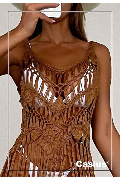 The Casius. Beach Kimono, Crochet Pattern With Fringes, Universal Size, Tan Brown Color