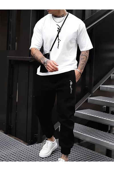 WOODROFFE Men's Printed T-Shirt & Sweatpants Bottom Top Set Combination