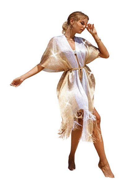 The Casius. Kimono with fringes and waistband, golden and white color