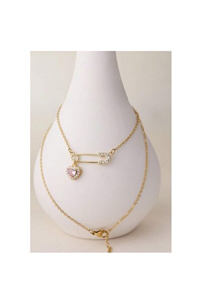 The Casius. Safety Pin Necklace with Stones, Gold Plated Titanium Steel, Golden