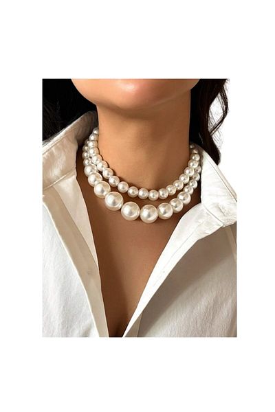 The Casius. Colier tip choker cu două șiraguri de perle artificiale, 35+7 cm, culoare albă