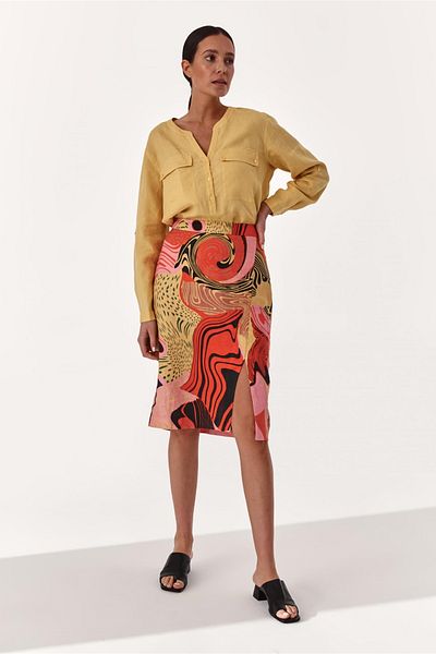 TATUUM Pencil skirt with geometric pattern made of linen, Tatuum brand