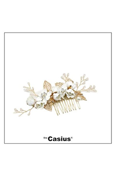 The Casius. Hair comb clip with flowers and artificial pearls, 15 cm, white and gold