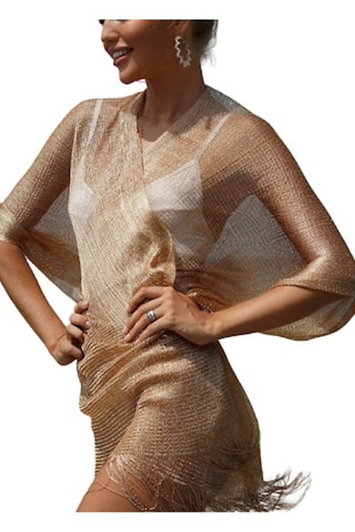 The Casius. Kimono de plaja cu franjuri, croi larg, culoarea auriu, marime universala