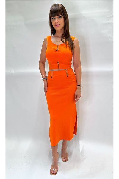 IFASTFASHION Women’s 2-Piece Sleeveless Cut-Out Midi Skirt Set – Summer Co-Ord with Metal Details