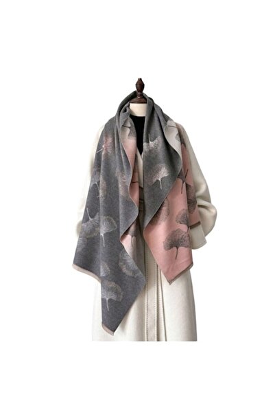 The Casius. Esarfa lunga tip sal pentru dama, model frunze de Ginkgo Biloba, gri si roz