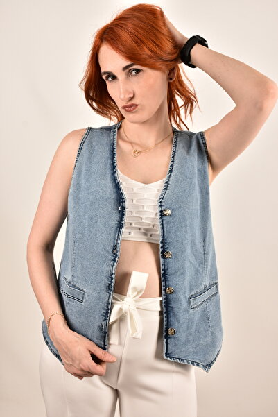 moda caddesi Lycra Women's Denim Vest with Pocket Detail