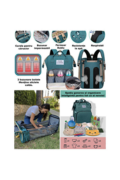 ZEQAS Rucsac 3în1 Impermeabil cu Pătuț Pliabil & Zonă Schimbat Scutece, Izolare Termică, Verde