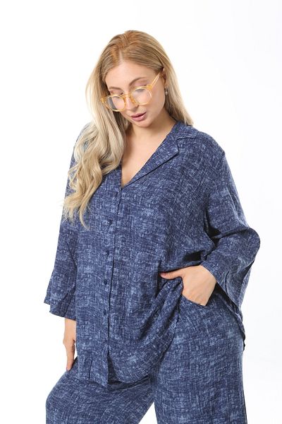 XL Modam طقم قماش كتان أزرق مقاس كبير