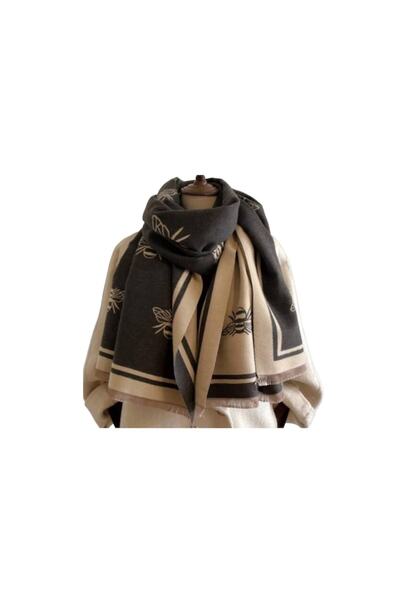 The Casius. Eșarfă lungă pentru femei din materiale premium cu motiv de albine, culoare negru și bej - The Casius