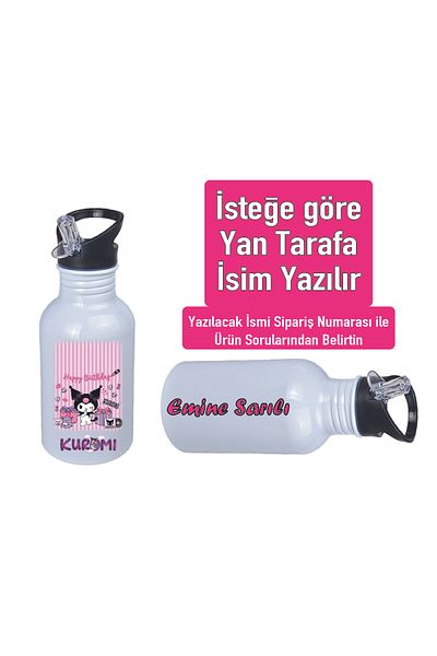 DKDZ SHOP Kuromiii Printed Metal Water Bottle with Straw and Hook 600ml. White