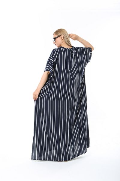 XL Modam Women's Dark Blue Short Sleeve Patterned Linen Large Size Dress