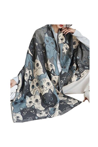 The Casius. Long scarf for women, premium materials, cat design, blue and gray