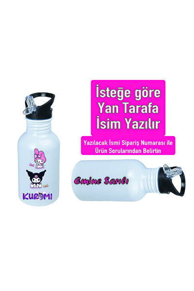 DKDZ SHOP Kuromiii Printed Metal Water Bottle with Straw and Hook 600ml. White