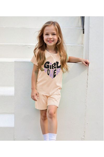 bebekpare Girl's Beige Tshirt-Shorts Set Girl Power