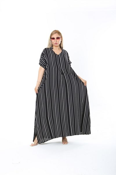 XL Modam Women's Black Short Sleeve Patterned Linen Plus Size Dress