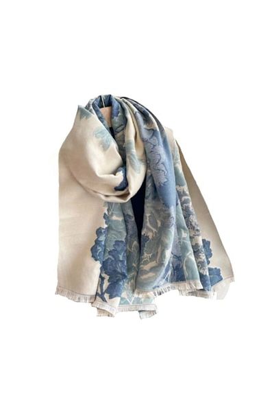 The Casius. Long scarf for women with floral print, blue and beige, The Casius
