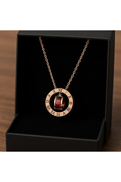 BESMYAR JEWELS Roma Rakamlı Rose Gold Döner Taşlı Kadın Kolye