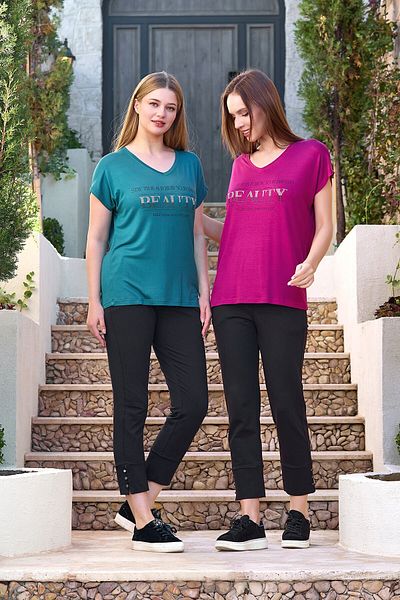 Cossy By Aqua 25822 Women's Turquoise-Navy Blue Short Sleeve Plus Size Cotton Sports 2-Piece Set