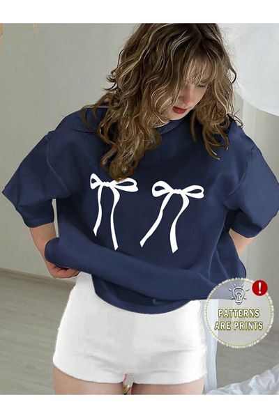 CLAYES White Stripe Printed Single Jersey Navy Blue T-Shirt Cotton - Oversize Crew Neck Short Sleeve T-Shirt