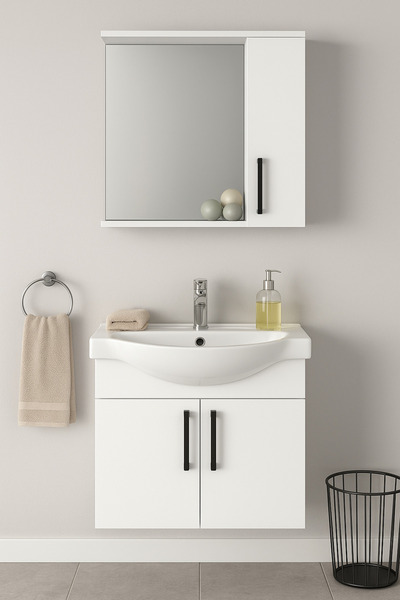 Tasarım Lacrime 65 cm Beyaz Renkli Mdf, Oval Seramik Lavabolu, Alt ve Üst Dolaplı, Banyo Dolabı Takımı