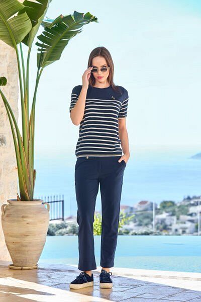 Cossy By Aqua 25819 Women's Short Sleeve Line Pattern Large Size Cotton Sports 2 Piece Set