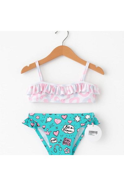 No Gossip Multicolored Patterned Ruffle Strapless Girls Bikini Set 234203