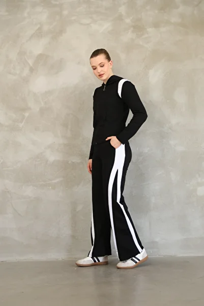 ESL ESLEM Women's Hooded Tracksuit Set Stripe Detailed Straight Leg Zippered Comfortable Fit