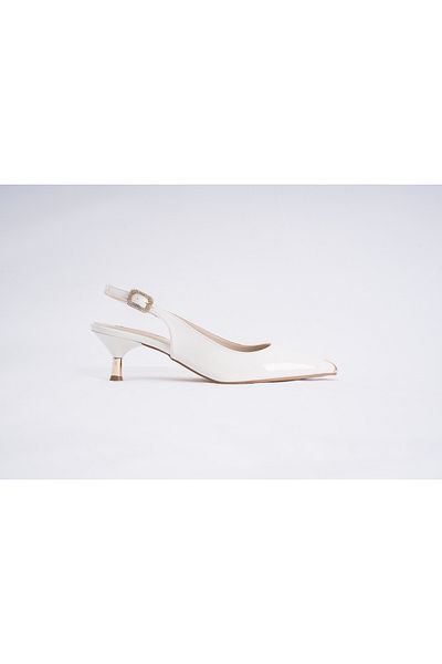 innsteal Cielo Classic Women's White Patent Leather Thin Heeled Slingback Shoes – Elegant Model with Metal Tip Detail