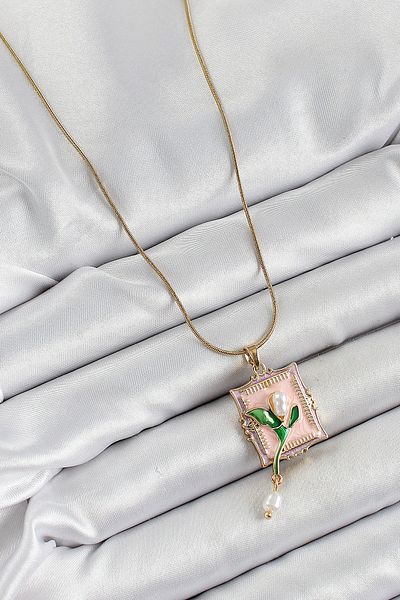 BESKAR 316L Steel Chain Pink Artistic Portrait Dangle Pearl Detailed Tulip Model Gold Color Women's Necklace