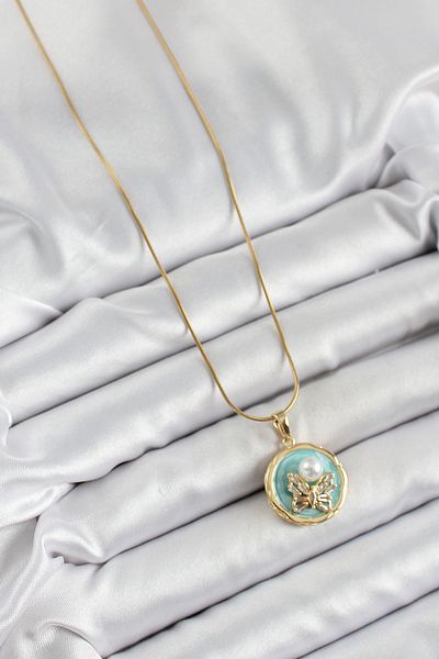 BESKAR 316L Steel Chain Zircon Stone Turquoise Artistic Portrait Pearl Detailed Butterfly Model Gold Color Women