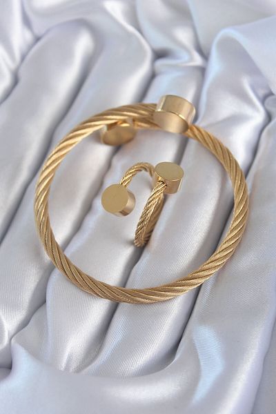 merland benvecocuk 316L Steel Gold Color Spiral Model Men's Bracelet Ring Combination - Lisinya