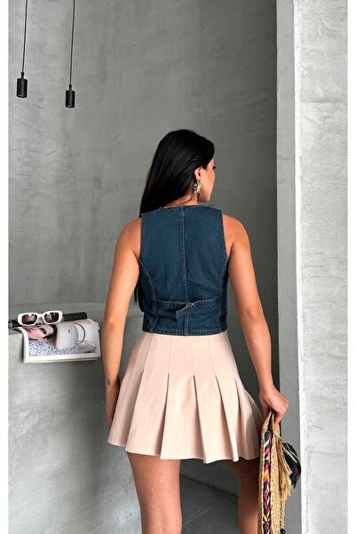 DESTEMODA Дамско дънково яке с джобове с клапи, супер измито с кафяв оттенък 4503