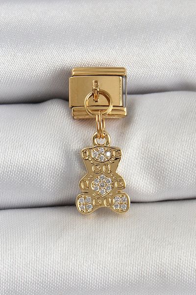 SeyCey.co 316L Steel Dangle Zircon Stone Teddy Bear Model Gold Color Nomination Charm