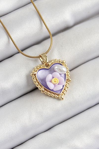 BESKAR 316L Steel Chain Purple Artistic Portrait Pearl Detailed Daisy Figured Heart Model Gold Color Women's K