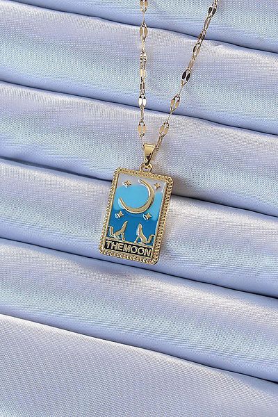merland benvecocuk 316L Steel Chain Gold Color Blue Enamel Moon Figure Tarot Necklace - Lisinya