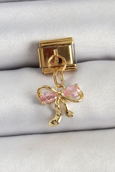 AfraBeauty 316L Steel Bow Gold Zircon Stone Dangle Charm |   Non-Tarnish Women's Bracelet Charms