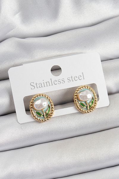 feifei Brass Green Enamel Tulip Figured Artistic Portrait Model Gold Color Women's Earrings