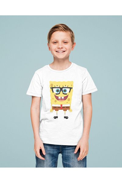 SEVBANO Tricou unisex pentru copii cu desene animate cu ochelari SpongeBob imprimat