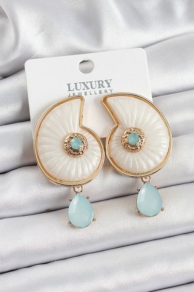 Evinso Gold Color Women's Earrings with Brass Seashell Figure and Zircon Stone
