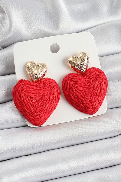 SeyCey.co Red Heart Figured Straw Knitted Model Gold Color Women's Earrings